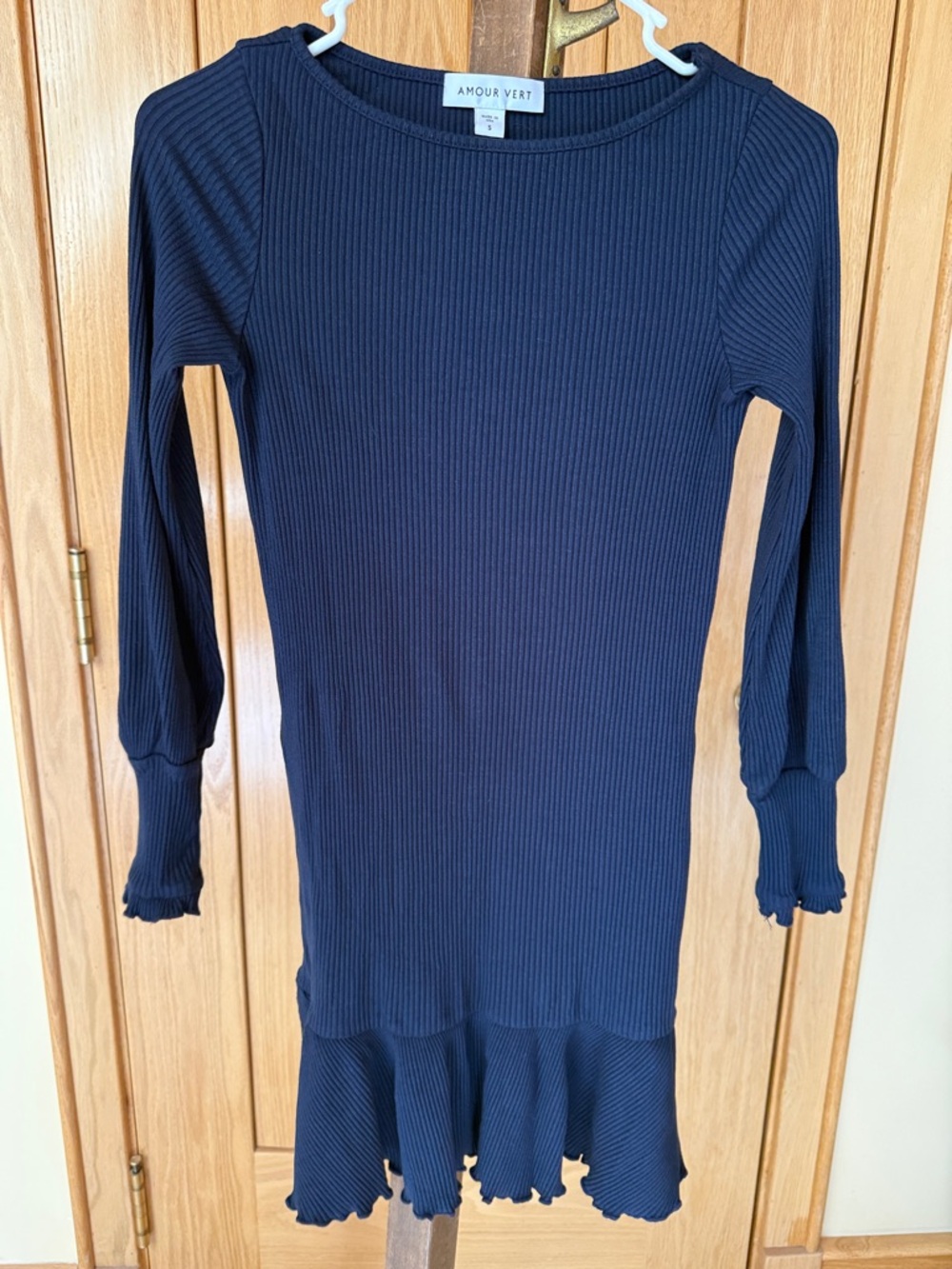 Amour Vert Navy Ribbed Knit Ruffle-Hem Dress